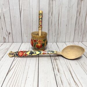 Vintage Mid Century  Mortar & Pestle w/Spoon Folk Art Hand Painted Wood Floral